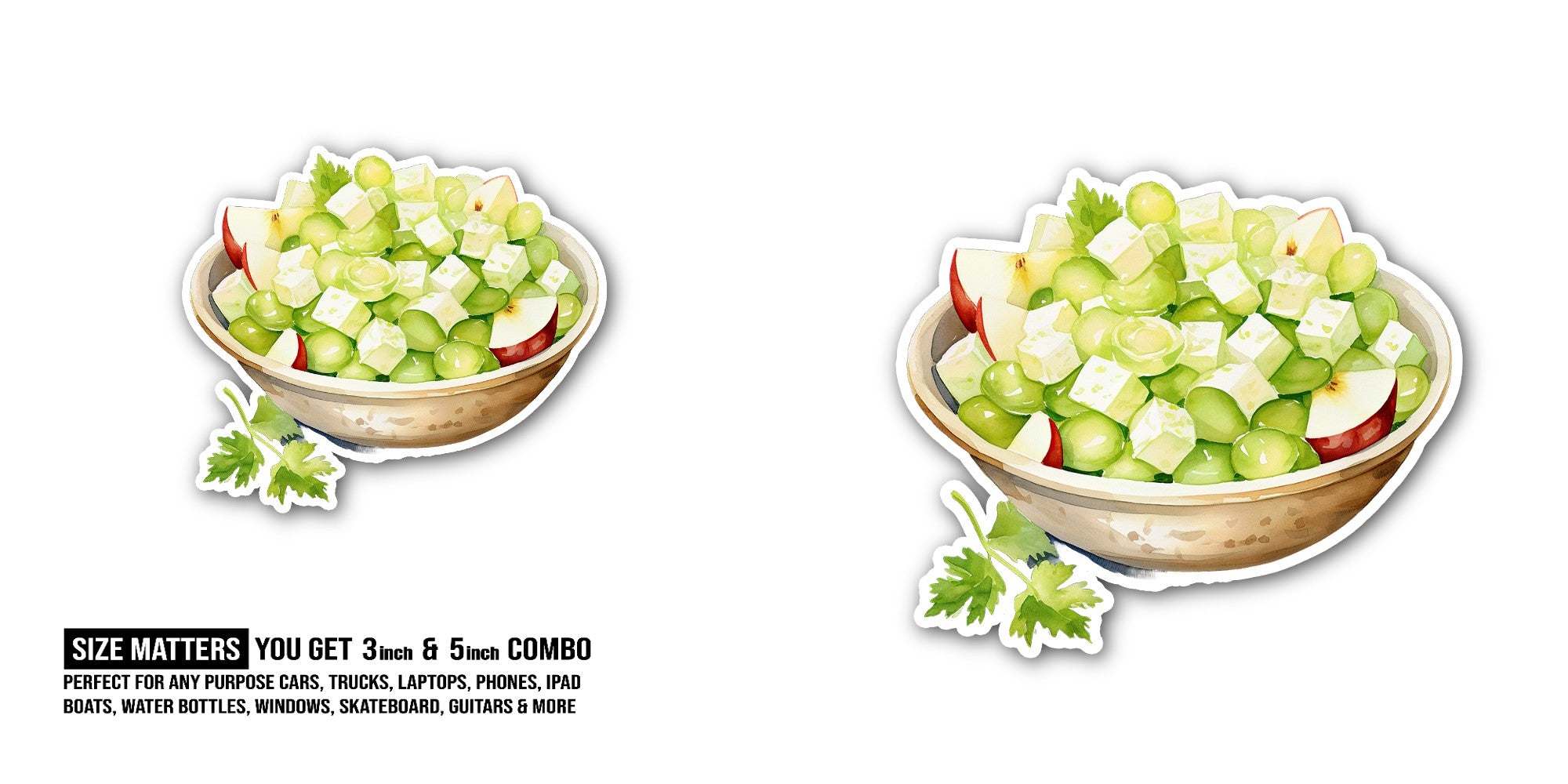 Green Grapes and cheese salad Sticker, Waterproof Vinyl Decal Sticker Indoor Or Outdoor 2 (Pieces) 3" and 5"