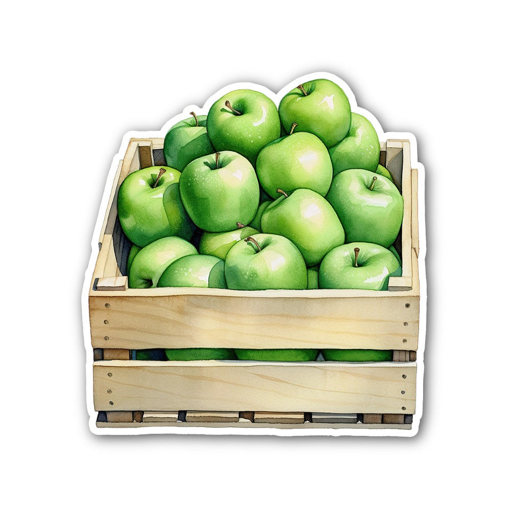 Green apples in a wooden crate Sticker, Waterproof Vinyl Decal Sticker Indoor Or Outdoor 2 (Pieces) 3" and 5"