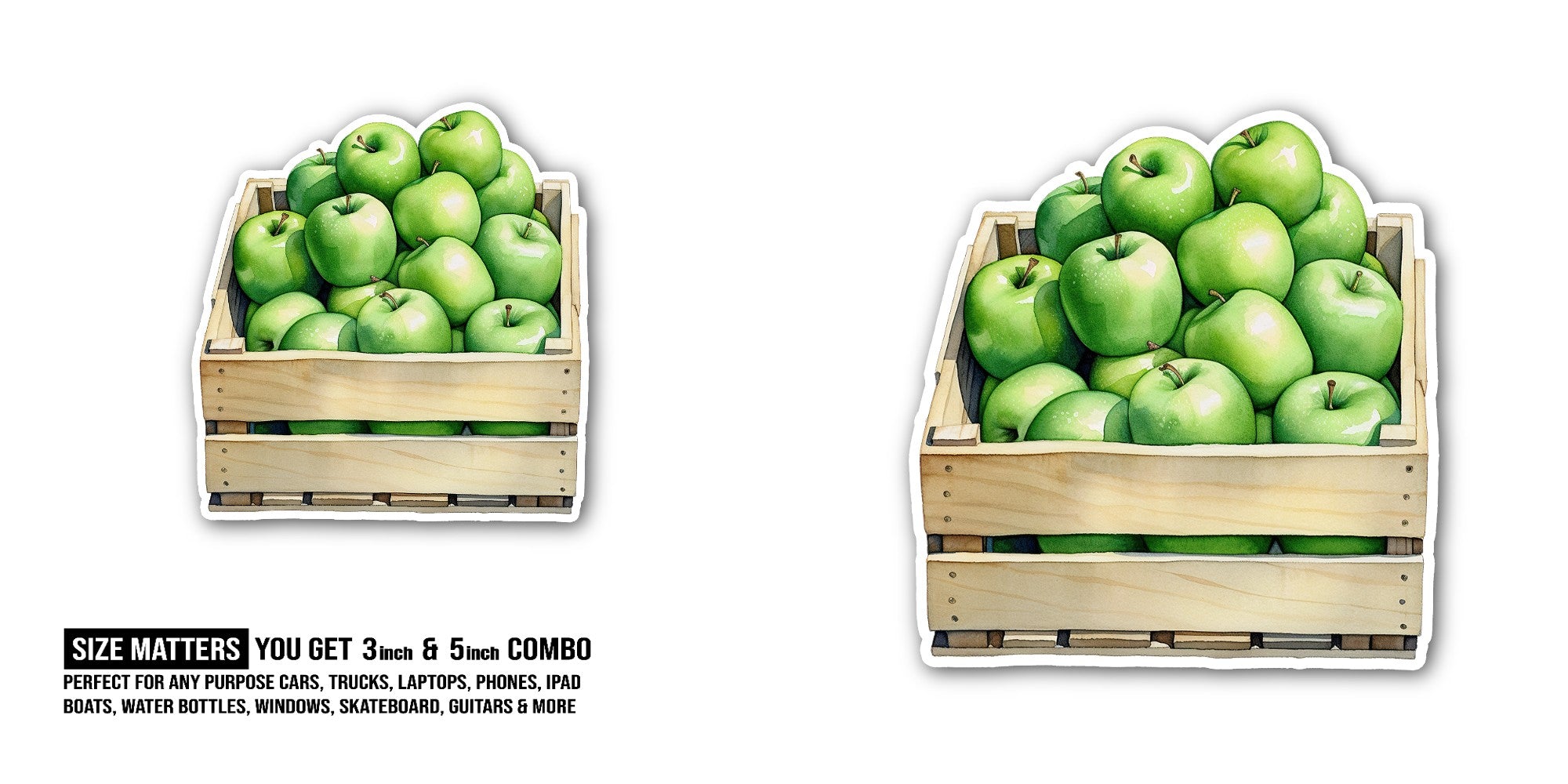 Green apples in a wooden crate Sticker, Waterproof Vinyl Decal Sticker Indoor Or Outdoor 2 (Pieces) 3" and 5"