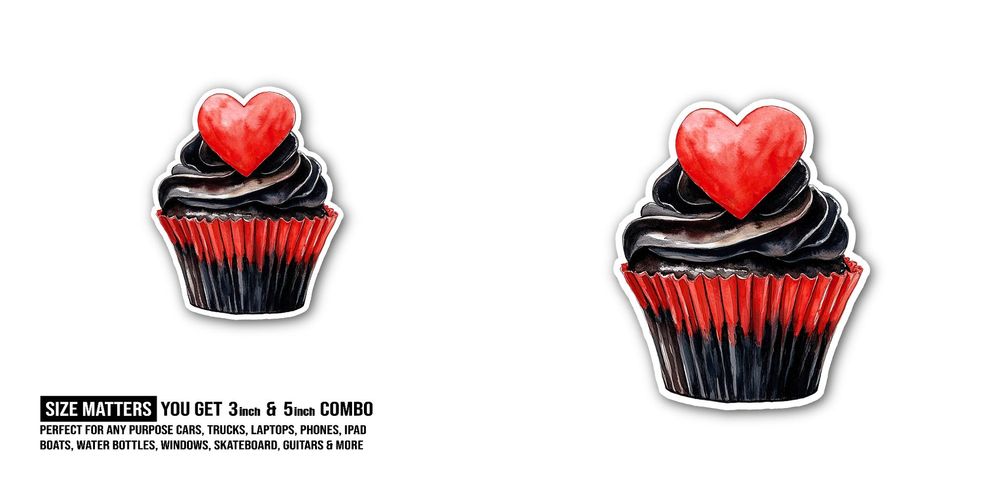 Cupcake decorated with a heart Sticker, Waterproof Vinyl Decal Sticker Indoor Or Outdoor 2 (Pieces) 3" and 5"