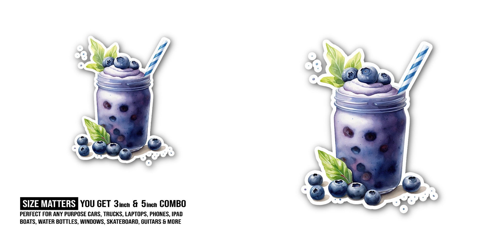 A blueberry milkshake Sticker, Waterproof Vinyl Decal Sticker Indoor Or Outdoor 2 (Pieces) 3" and 5"