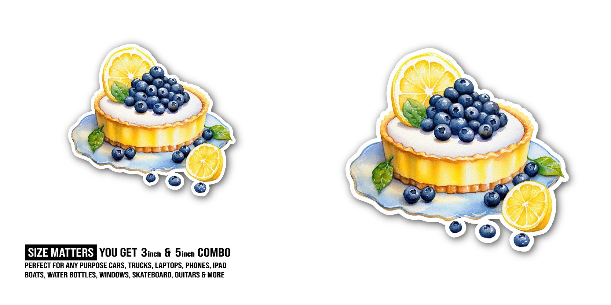 A lemon blueberry tart Sticker, Waterproof Vinyl Decal Sticker Indoor Or Outdoor 2 (Pieces) 3" and 5"
