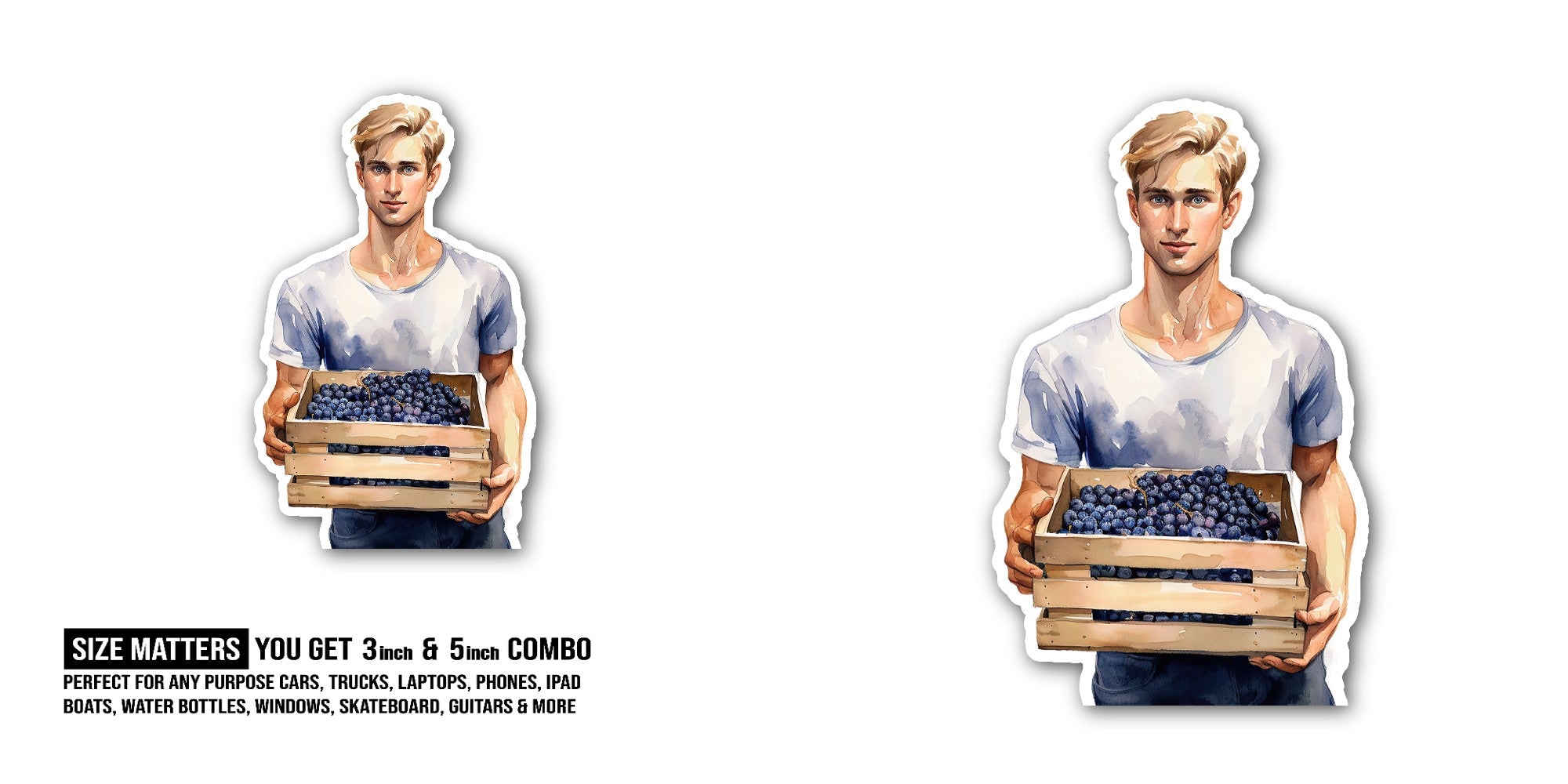 Man holding a crate filled Sticker, Waterproof Vinyl Decal Sticker Indoor Or Outdoor 2 (Pieces) 3" and 5"