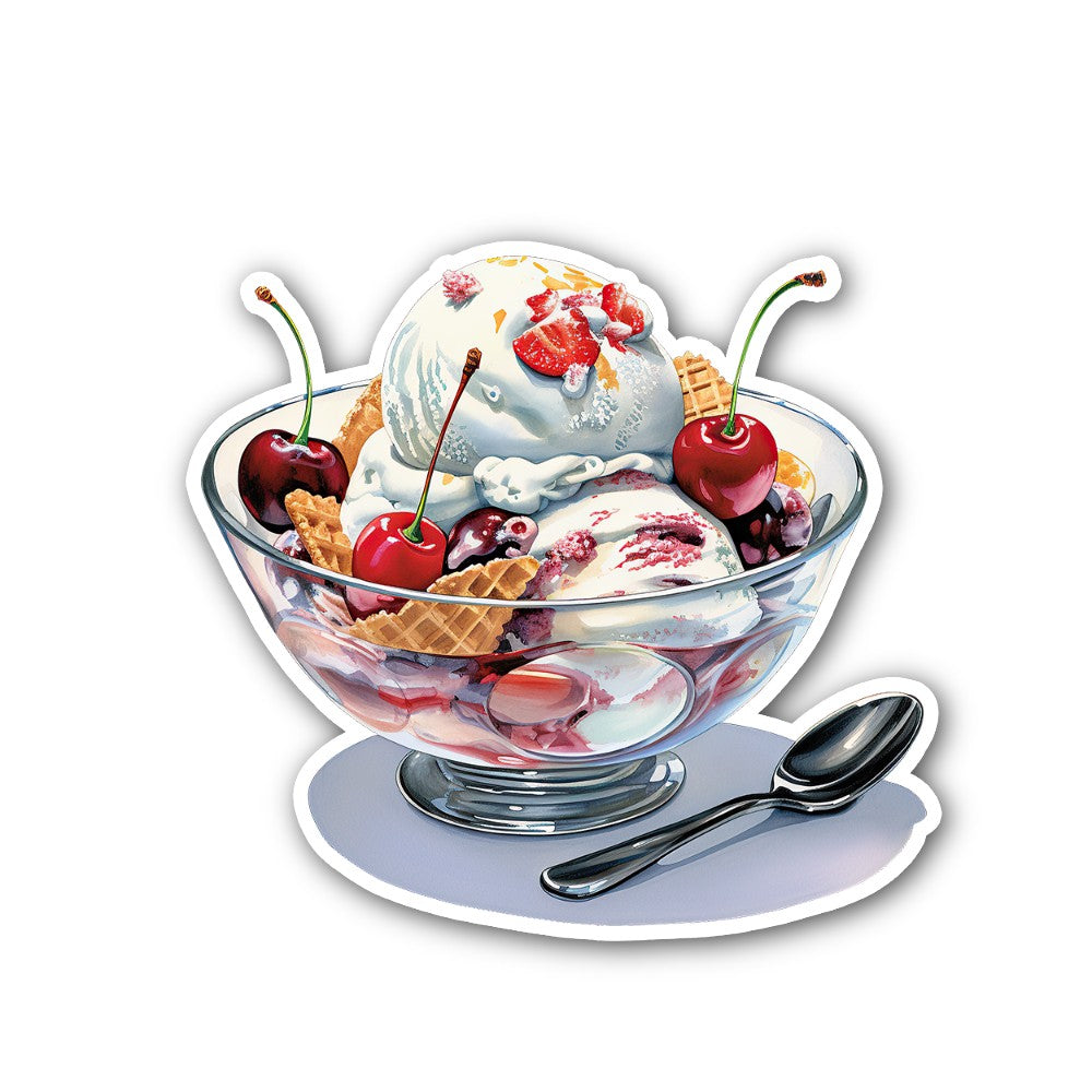 An ice cream sundae Sticker, Waterproof Vinyl Decal Sticker Indoor Or Outdoor 2 (Pieces) 3" and 5"