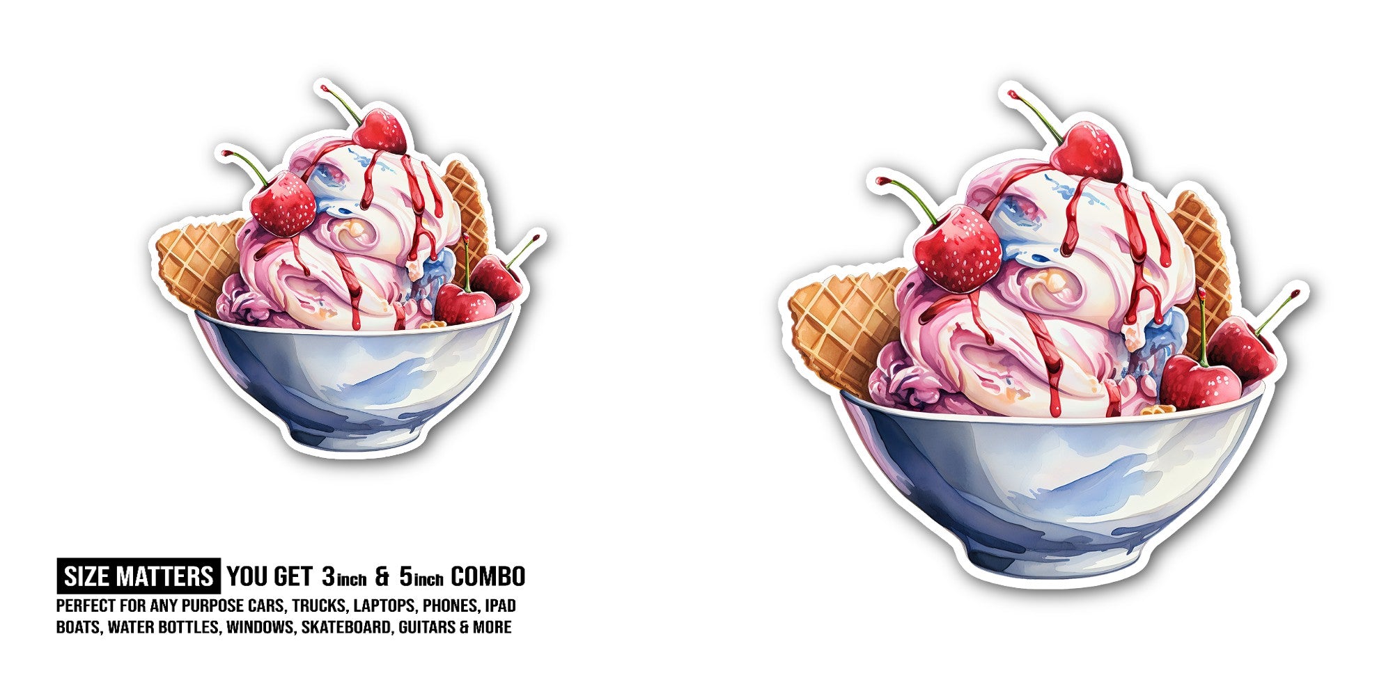 Scoops of ice cream topped Sticker, Waterproof Vinyl Decal Sticker Indoor Or Outdoor 2 (Pieces) 3" and 5"