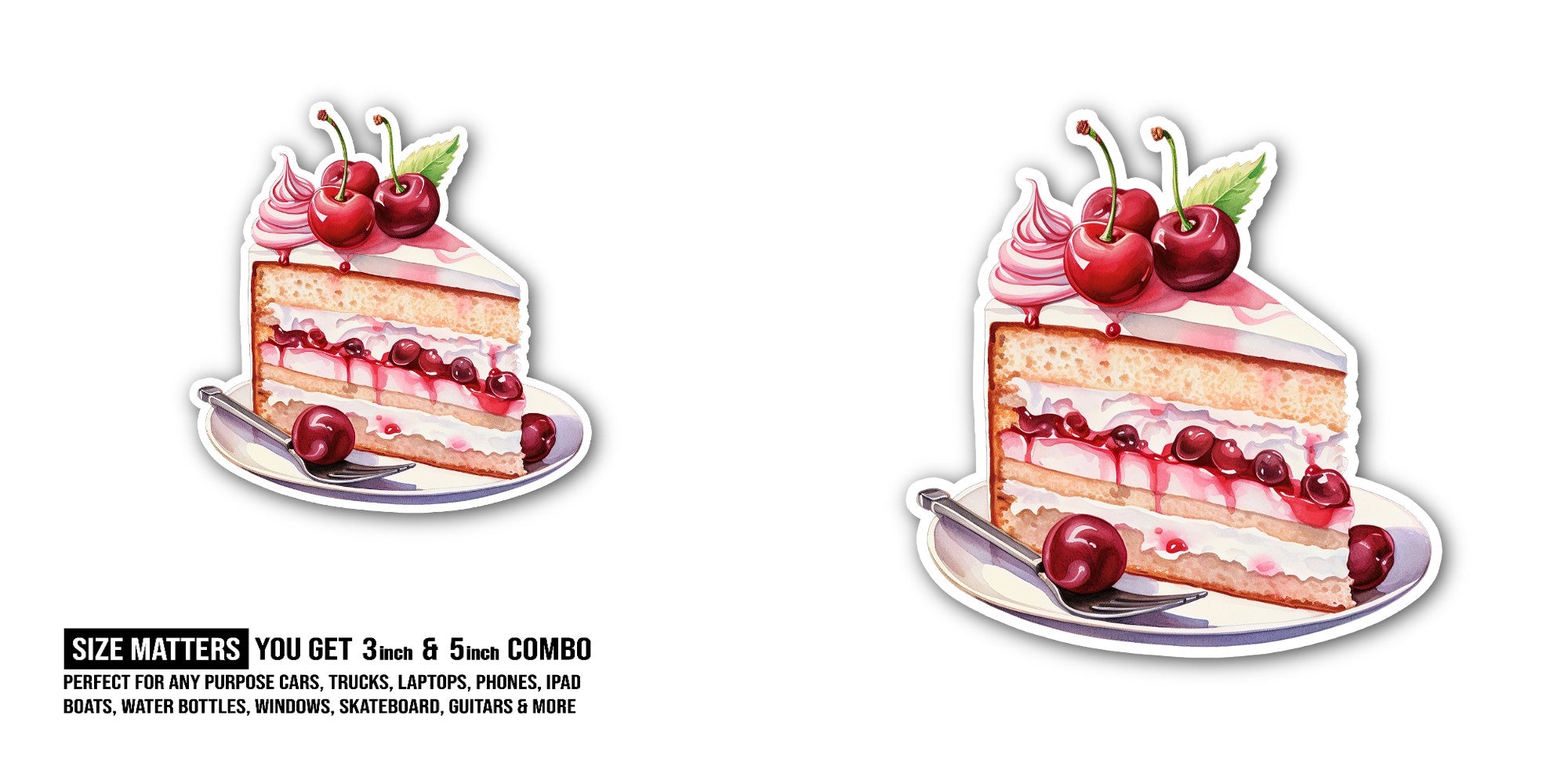 Cake With Cherry Cream Sticker, Waterproof Vinyl Decal Sticker Indoor Or Outdoor 2 (Pieces) 3" and 5"
