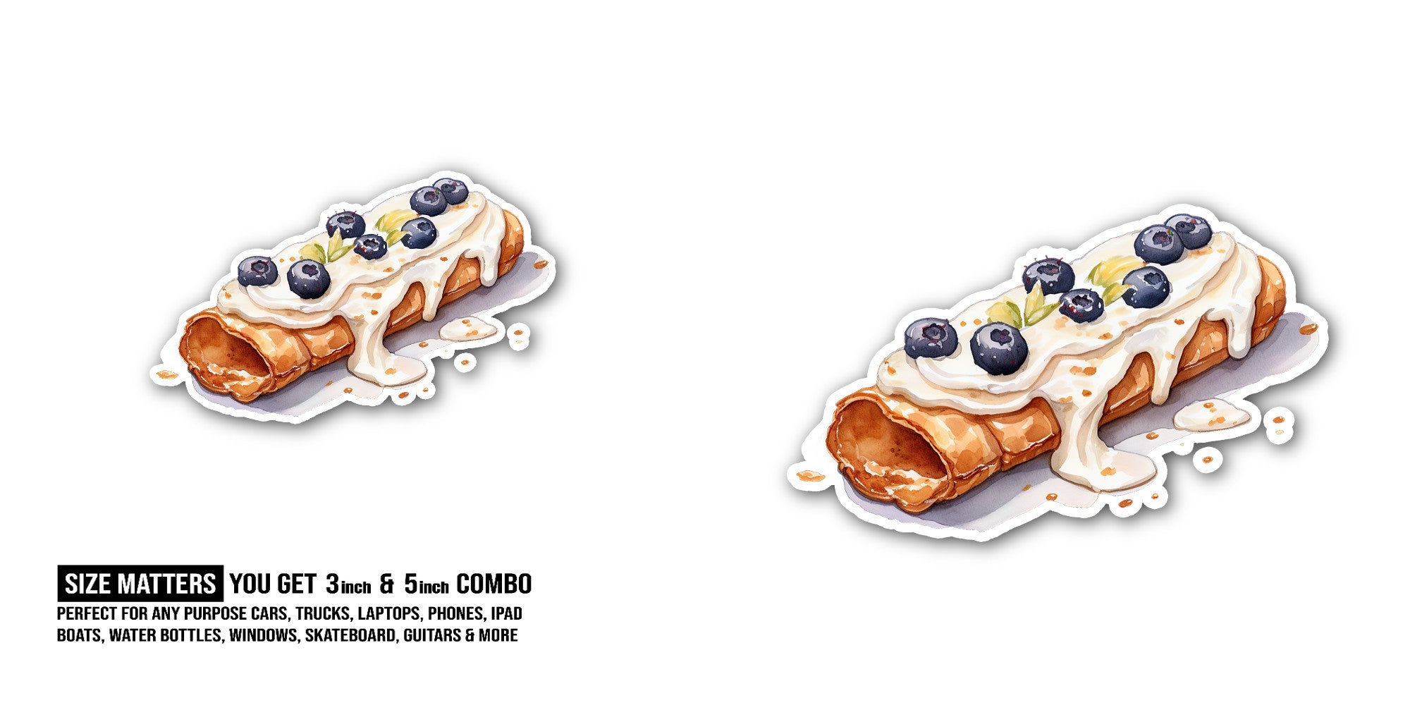 Crispy Blueberry Cannoli Sticker, Waterproof Vinyl Decal Sticker Indoor Or Outdoor 2 (Pieces) 3" and 5"