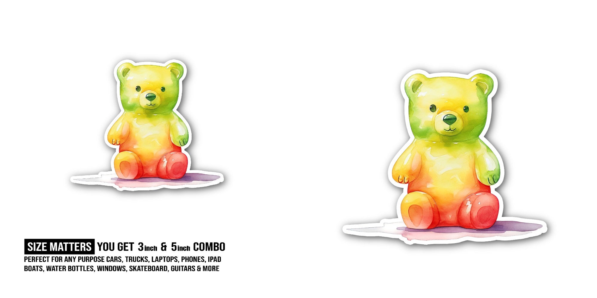 Sugar Yummy Gummy Bear Sticker, Waterproof Vinyl Decal Sticker Indoor Or Outdoor 2 (Pieces) 3" and 5"