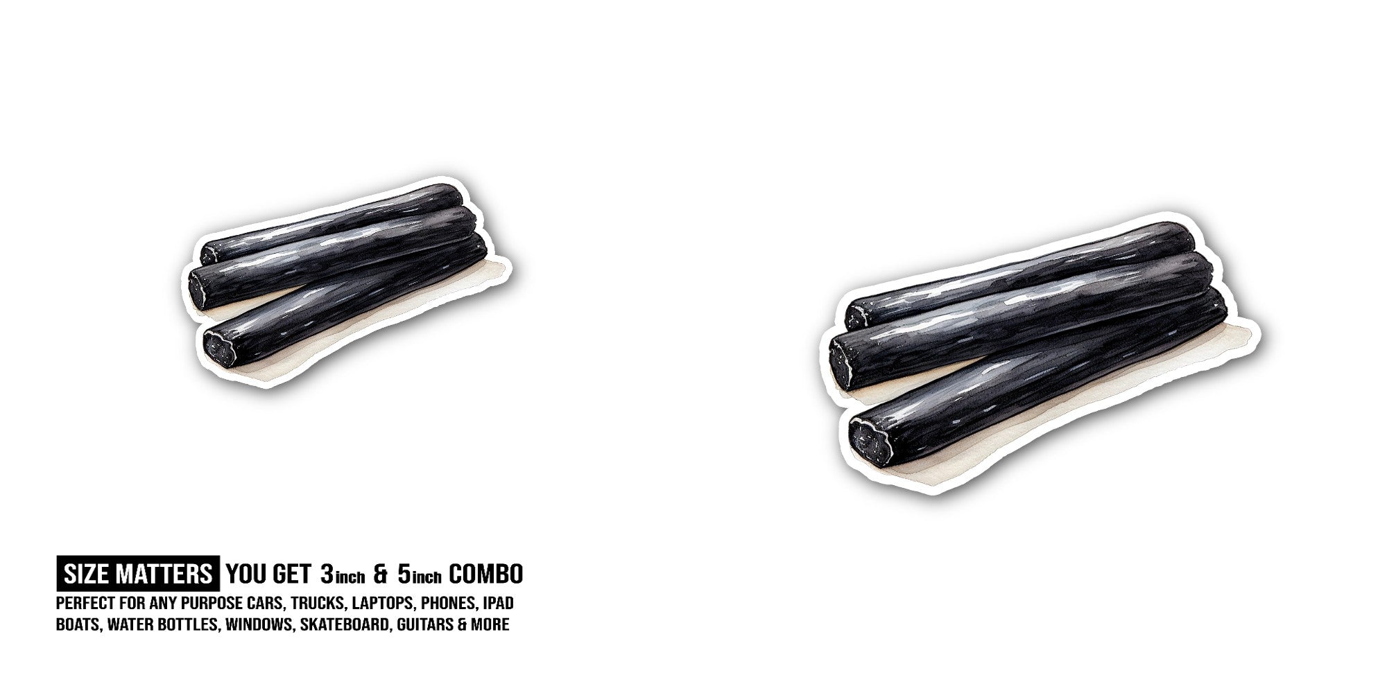 Black Licorice Stick Sticker, Waterproof Vinyl Decal Sticker Indoor Or Outdoor 2 (Pieces) 3" and 5"