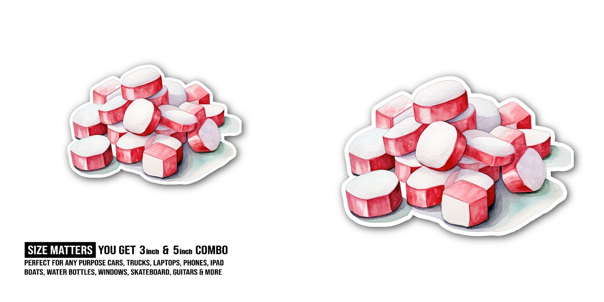 Pink & White Sweet candies Sticker, Waterproof Vinyl Decal Sticker Indoor Or Outdoor 2 (Pieces) 3" and 5"
