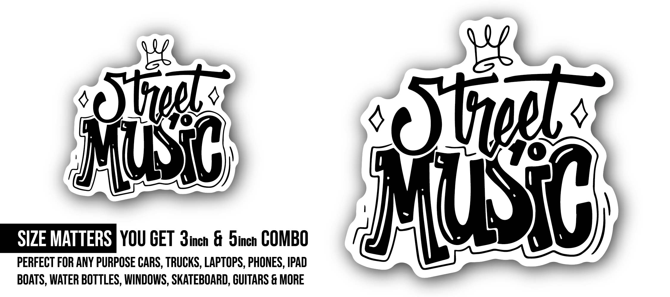 Street Music Sticker, Waterproof Vinyl Decal Sticker Indoor Or Outdoor 2 (Pieces) 3" and 5"