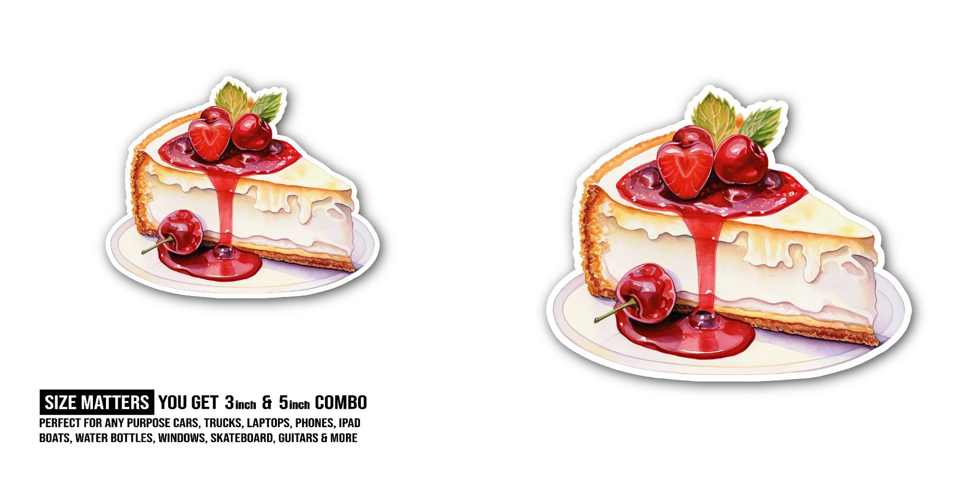 yummy cherry cheese cake with cream Sticker, Waterproof Vinyl Decal Sticker Indoor Or Outdoor 2 (Pieces) 3" and 5"
