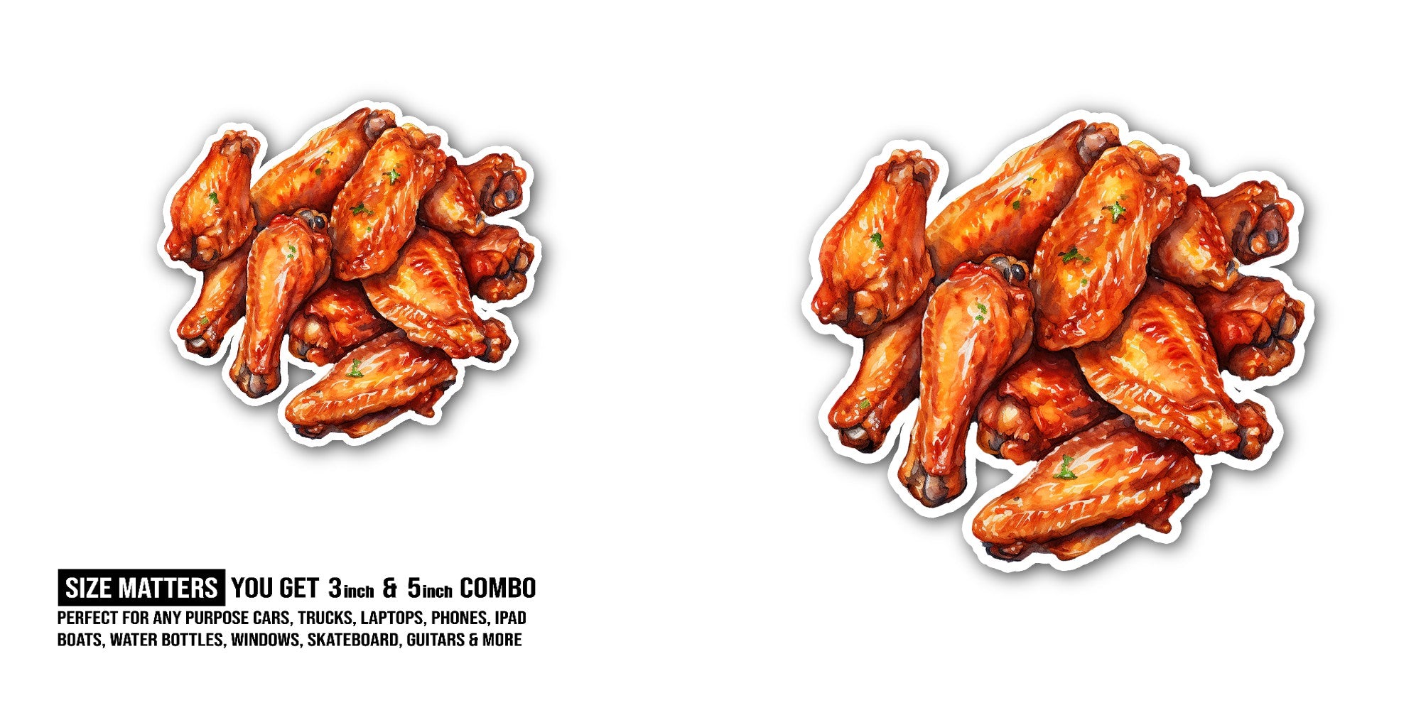 Tasty Chicken Wings Sticker, Waterproof Vinyl Decal Sticker Indoor Or Outdoor 2 (Pieces) 3" and 5"
