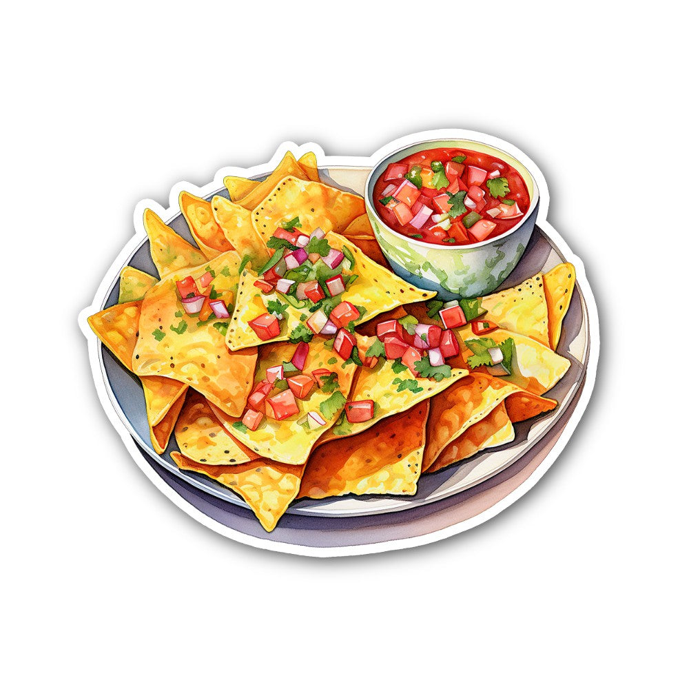 bowl of salsa With Chips Sticker, Waterproof Vinyl Decal Sticker Indoor Or Outdoor 2 (Pieces) 3" and 5"