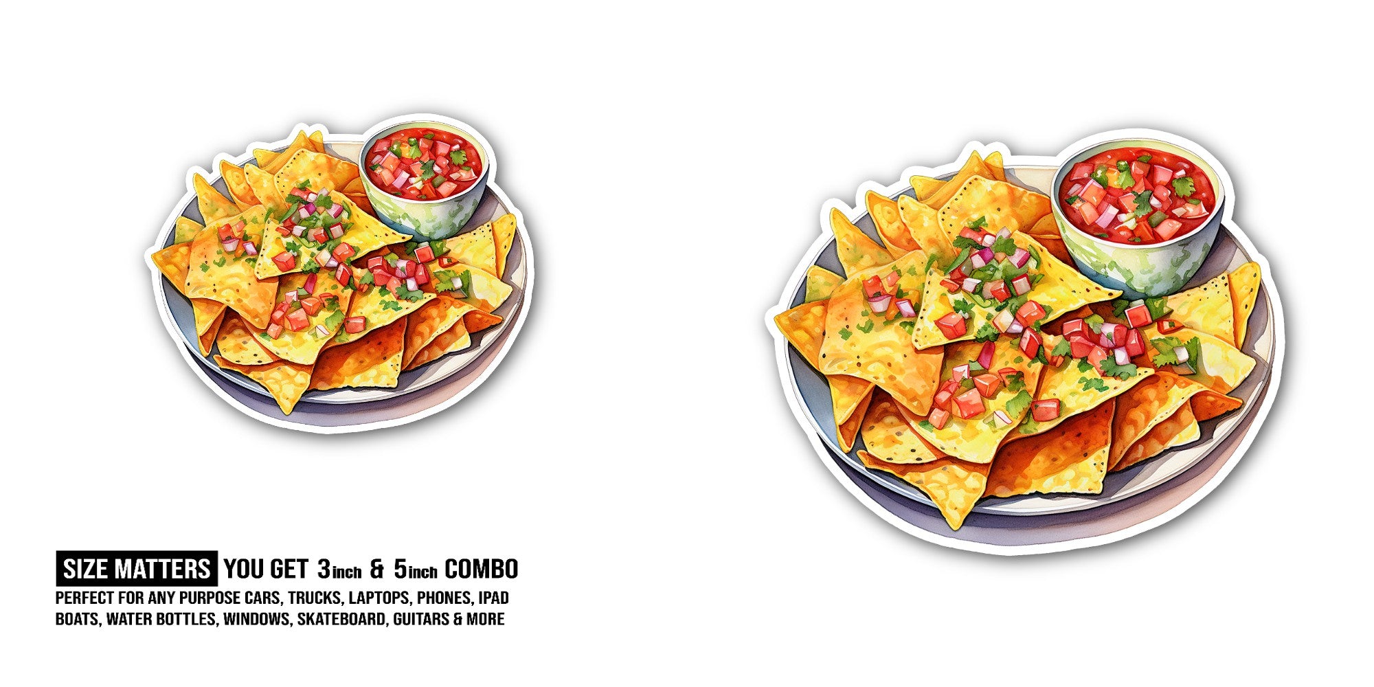 bowl of salsa With Chips Sticker, Waterproof Vinyl Decal Sticker Indoor Or Outdoor 2 (Pieces) 3" and 5"