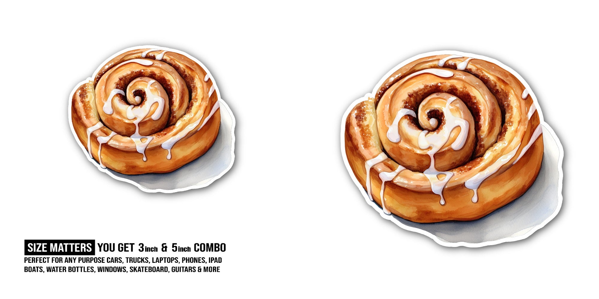 Yummy Swedish Cinnamon Rolls Sticker, Waterproof Vinyl Decal Sticker Indoor Or Outdoor 2 (Pieces) 3" and 5"