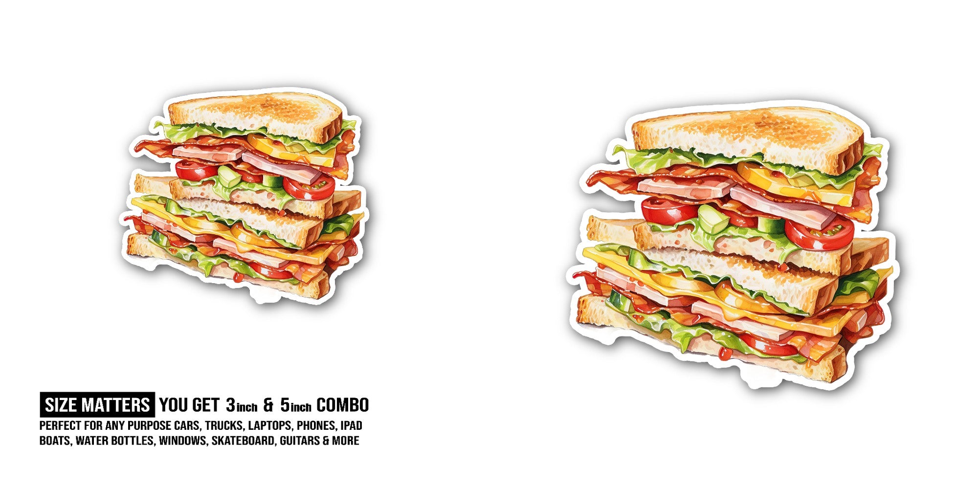 Tasty Sandwich Sticker, Waterproof Vinyl Decal Sticker Indoor Or Outdoor 2 (Pieces) 3" and 5"