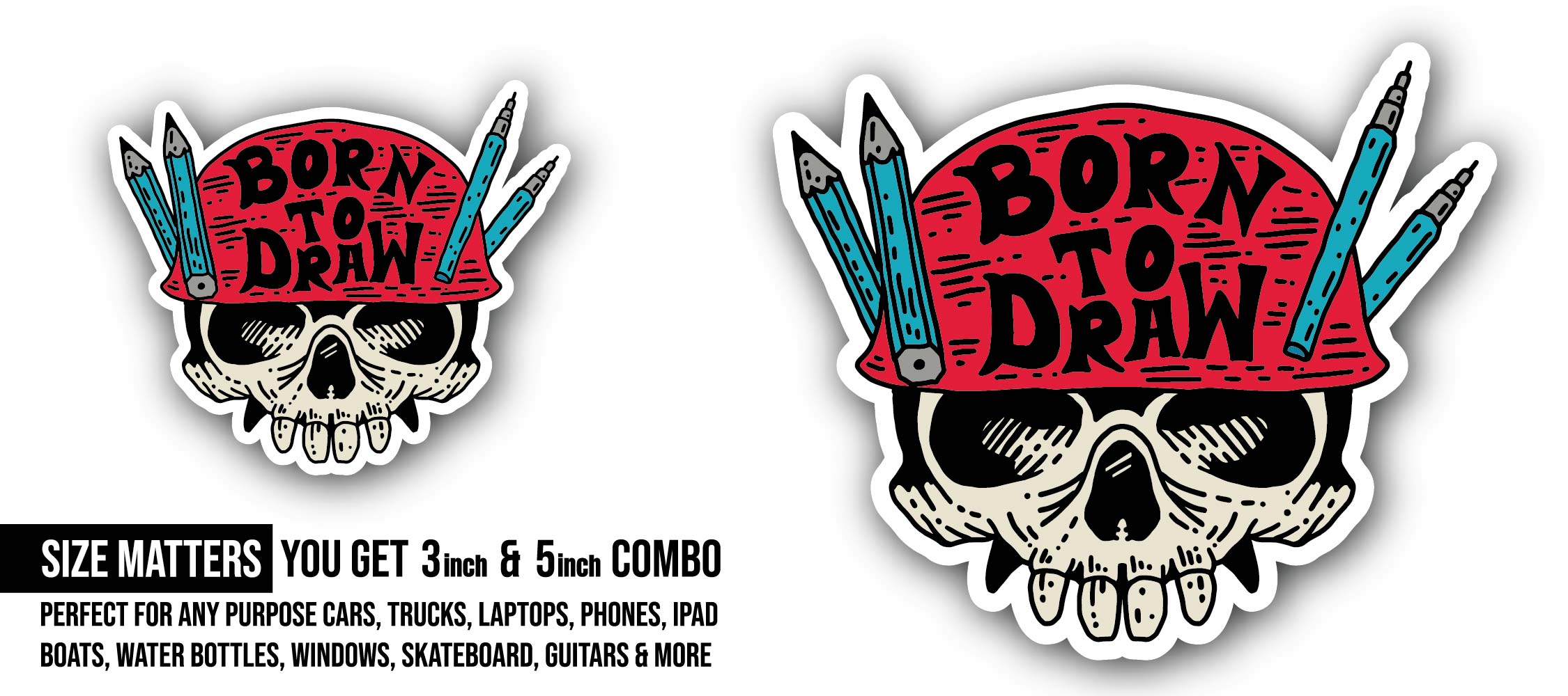 Born to Draw Painting Skull Sticker, Waterproof Vinyl Decal Sticker Indoor Or Outdoor 2 (Pieces) 3" and 5"