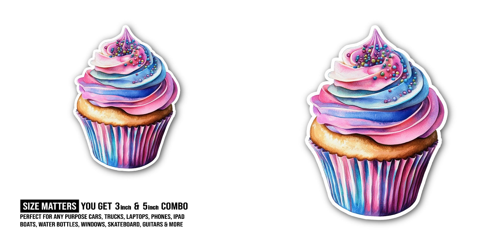 Pink & Blue cupcake Sticker, Waterproof Vinyl Decal Sticker Indoor Or Outdoor 2 (Pieces) 3" and 5"