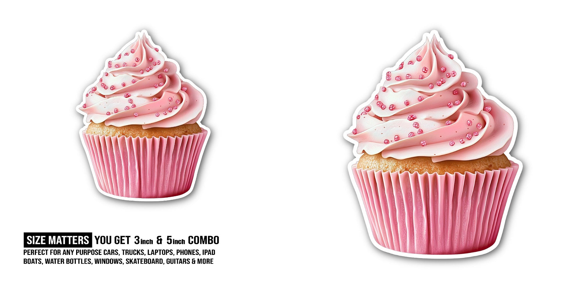 Light Pink Cute Cupcake Sticker, Waterproof Vinyl Decal Sticker Indoor Or Outdoor 2 (Pieces) 3" and 5"