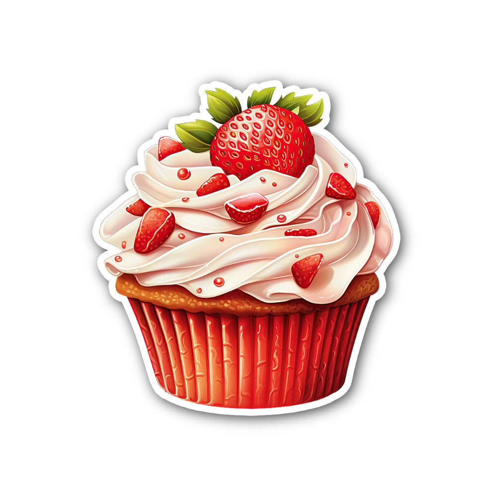Strawberry cupcake with pink cream Sticker, Waterproof Vinyl Decal Sticker Indoor Or Outdoor 2 (Pieces) 3" and 5"