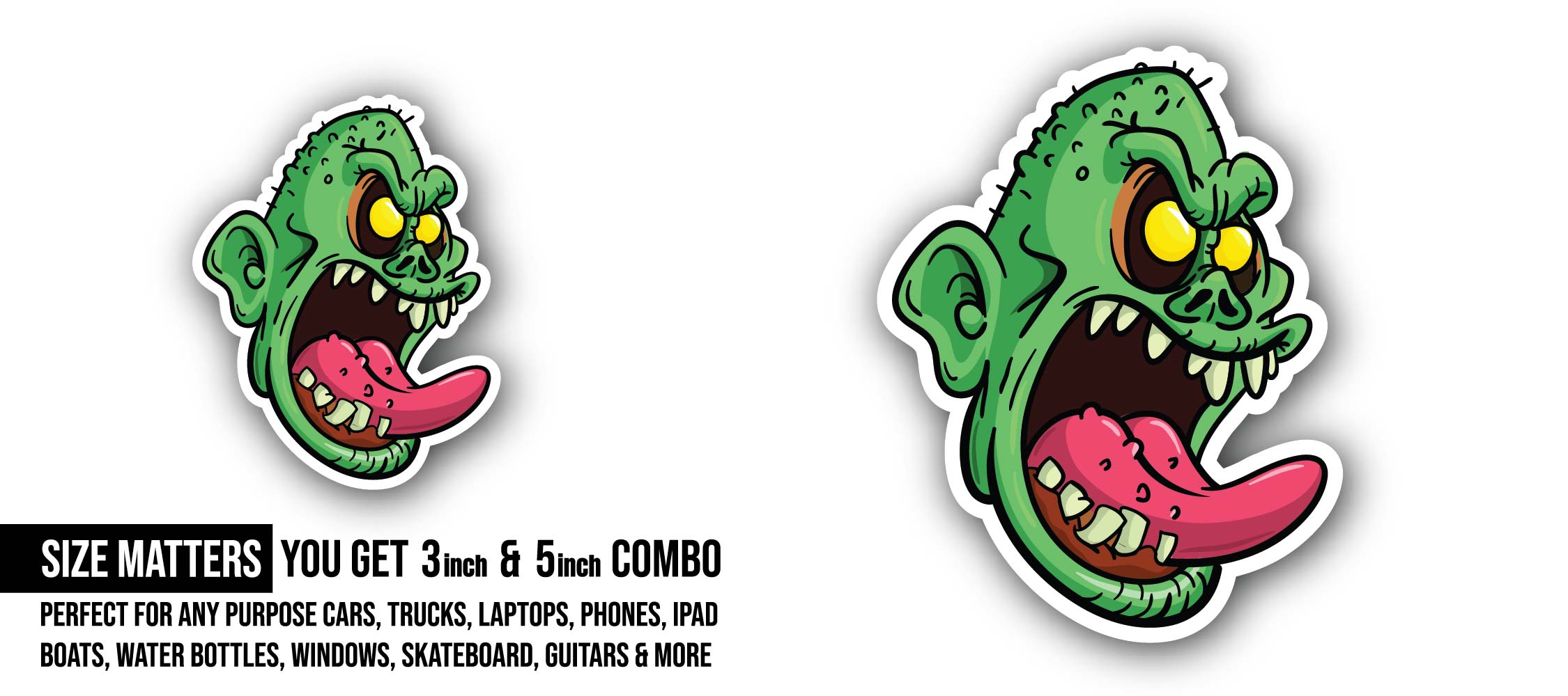 Green Zombie Sticker, Waterproof Vinyl Decal Sticker Indoor Or Outdoor 2 (Pieces) 3" and 5"
