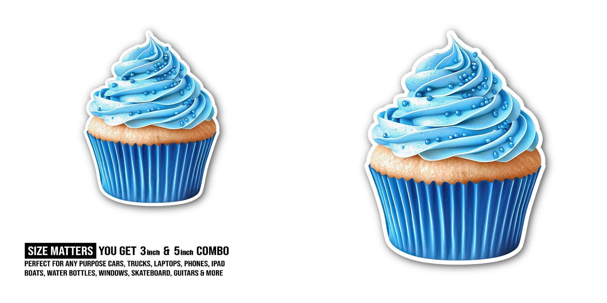 Blue frosting and cupcake Sticker, Waterproof Vinyl Decal Sticker Indoor Or Outdoor 2 (Pieces) 3" and 5"