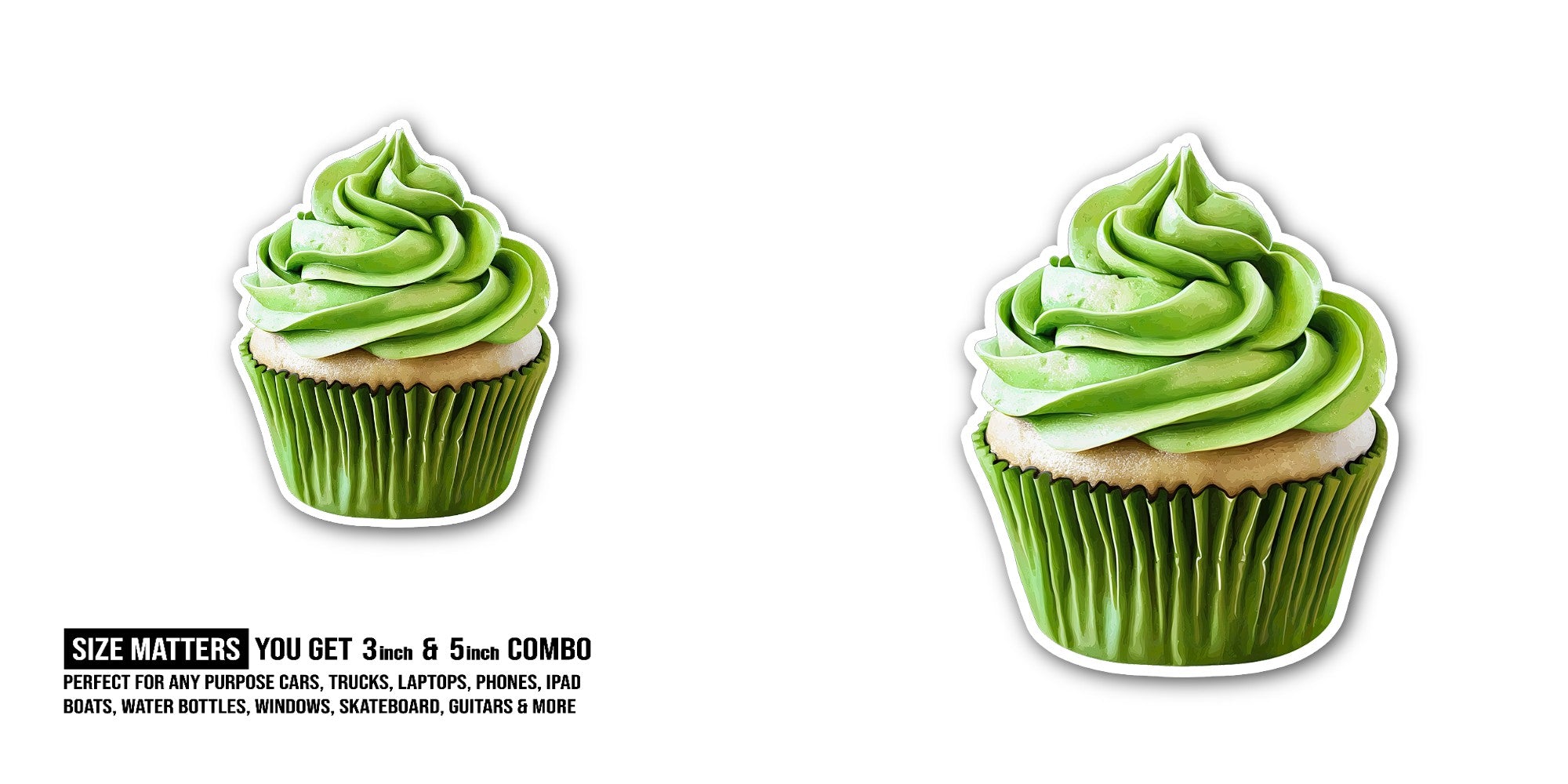 cupcake topped with Green frosting Sticker, Waterproof Vinyl Decal Sticker Indoor Or Outdoor 2 (Pieces) 3" and 5"