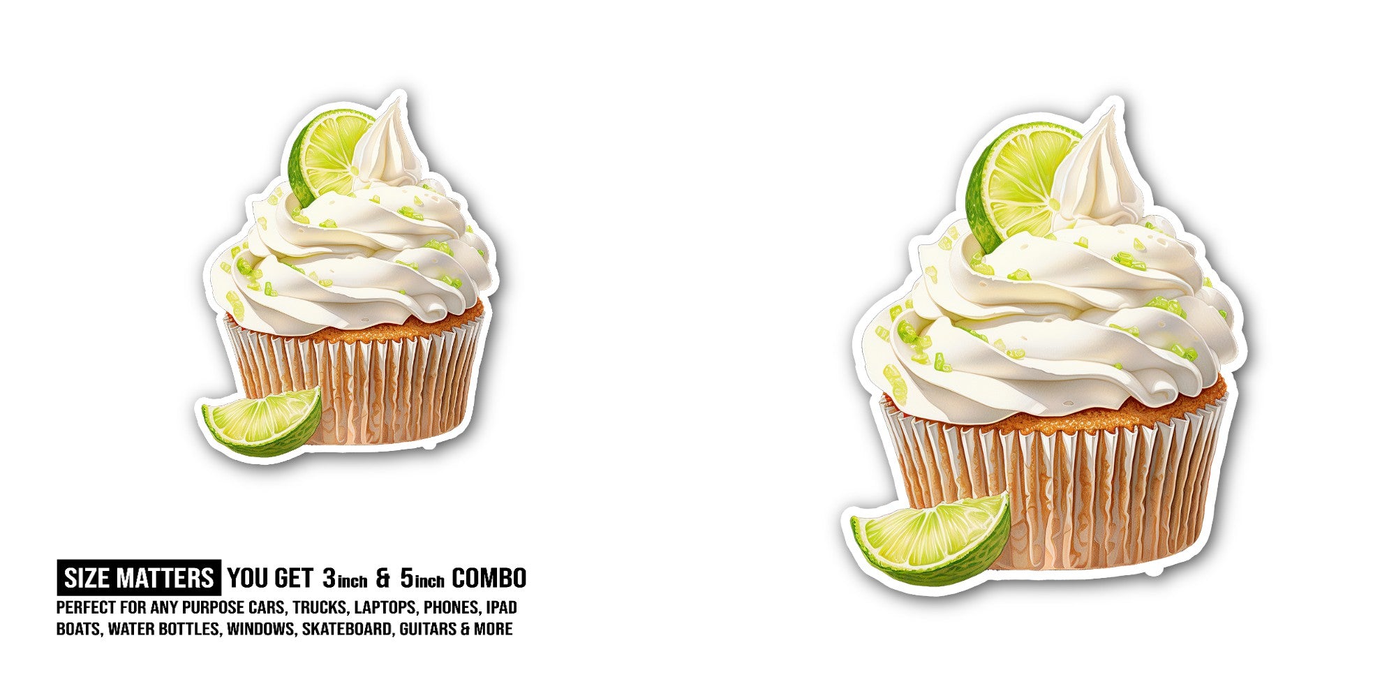 Key Lime Cupcake Sticker, Waterproof Vinyl Decal Sticker Indoor Or Outdoor 2 (Pieces) 3" and 5"