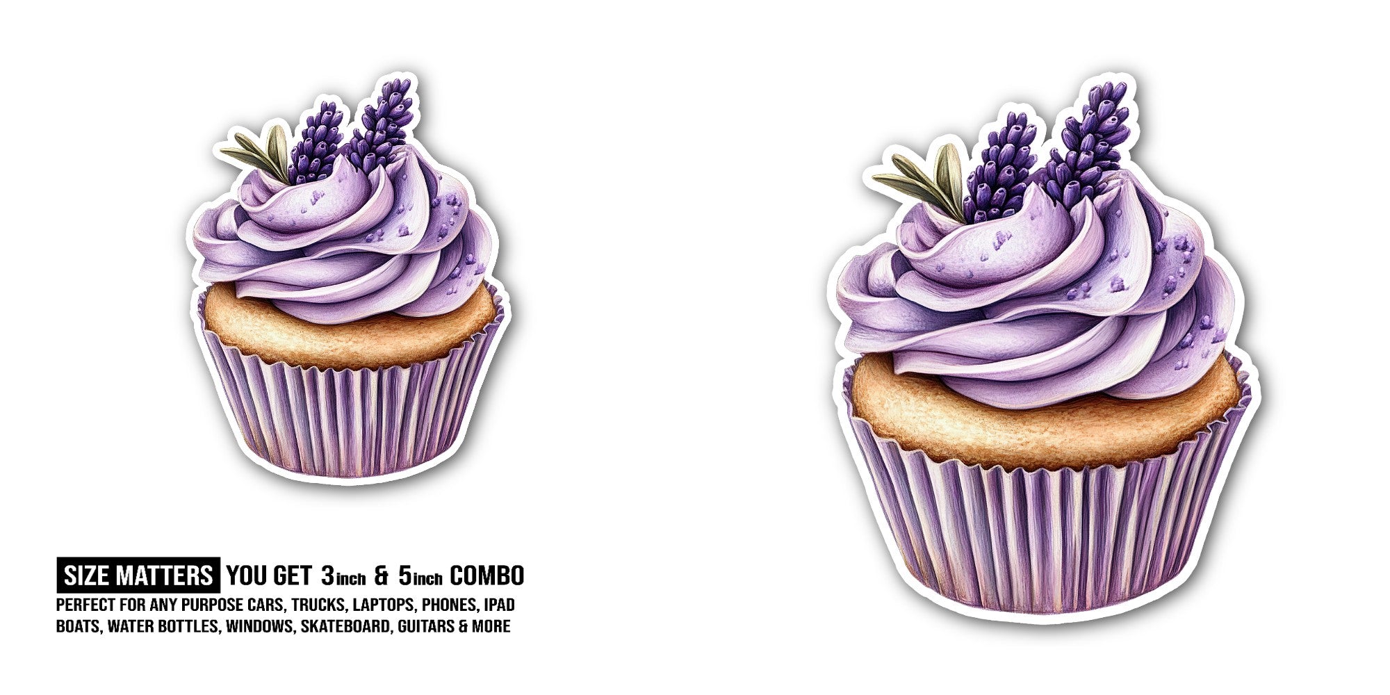 A lavender cupcake Sticker, Waterproof Vinyl Decal Sticker Indoor Or Outdoor 2 (Pieces) 3" and 5"