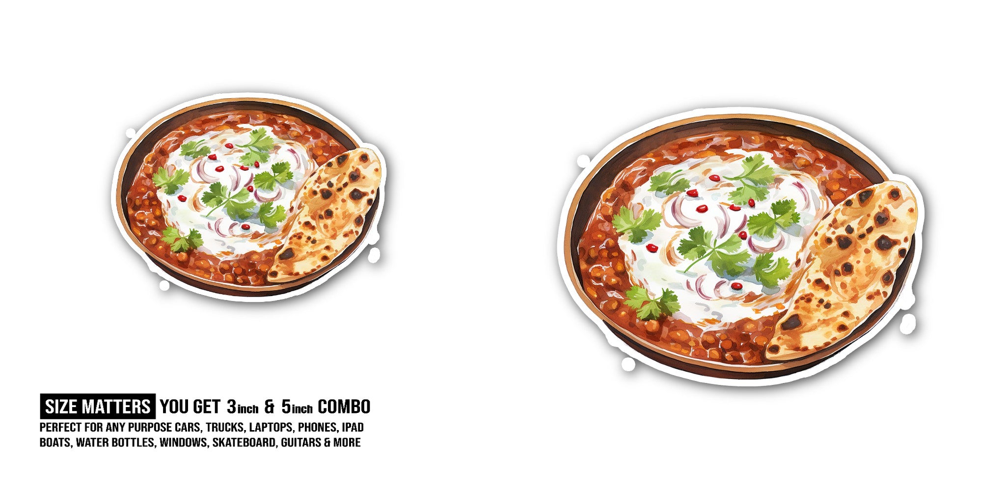 Tasty masala Curry With Paratha Sticker, Waterproof Vinyl Decal Sticker Indoor Or Outdoor 2 (Pieces) 3" and 5"