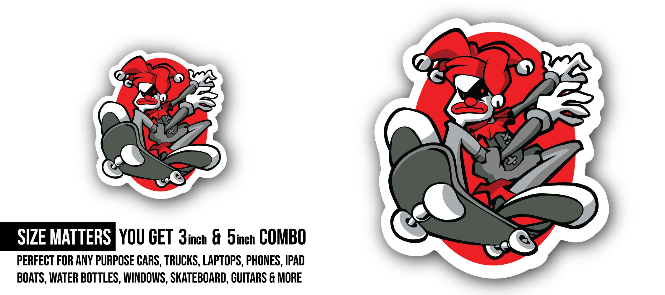 Clown Skate Sticker, Waterproof Vinyl Decal Sticker Indoor Or Outdoor 2 (Pieces) 3" and 5"