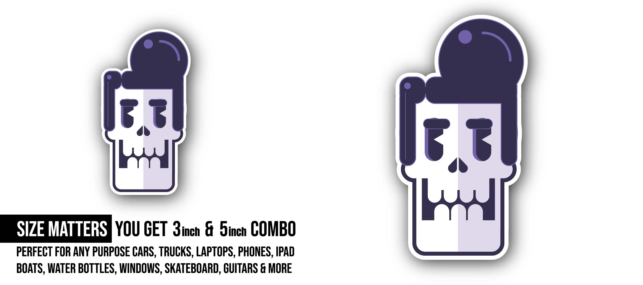 Doubtful Skull Sticker, Waterproof Vinyl Decal Sticker Indoor Or Outdoor 2 (Pieces) 3" and 5"