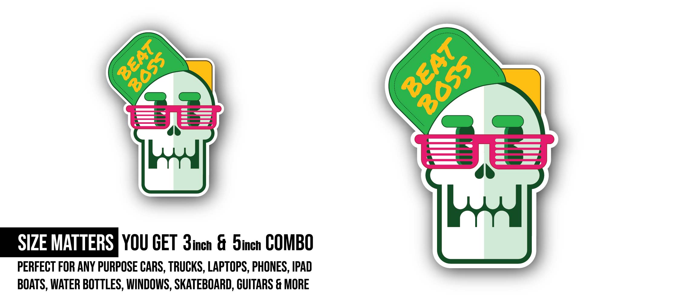 Best Boss Skull Head Sticker, Waterproof Vinyl Decal Sticker Indoor Or Outdoor 2 (Pieces) 3" and 5"