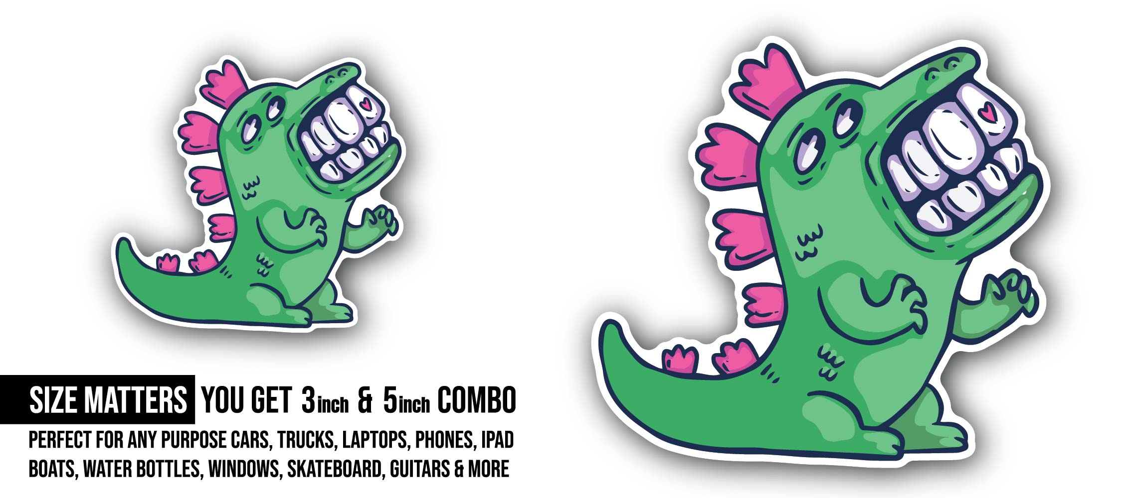 Funny Cartoon Dinosaur Sticker, Waterproof Vinyl Decal Sticker Indoor Or Outdoor 2 (Pieces) 3" and 5"