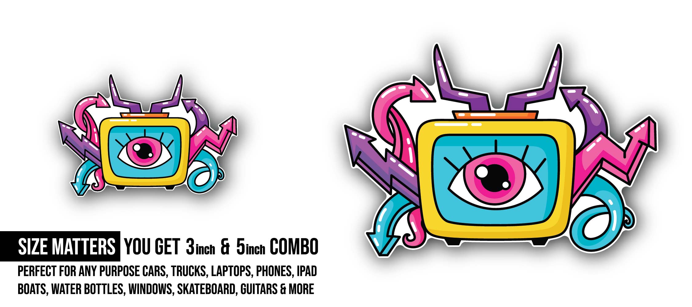 Funny Television Sticker, Waterproof Vinyl Decal Sticker Indoor Or Outdoor 2 (Pieces) 3" and 5"