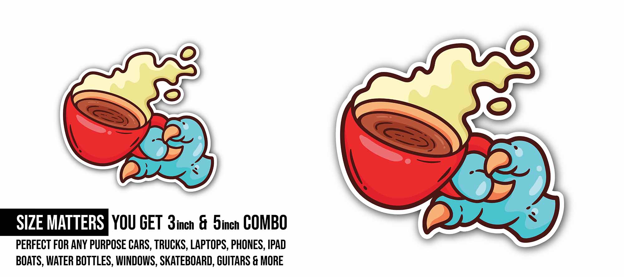 Coffee Cup & Dinosaur Hand Sticker, Waterproof Vinyl Decal Sticker Indoor Or Outdoor 2 (Pieces) 3" and 5"