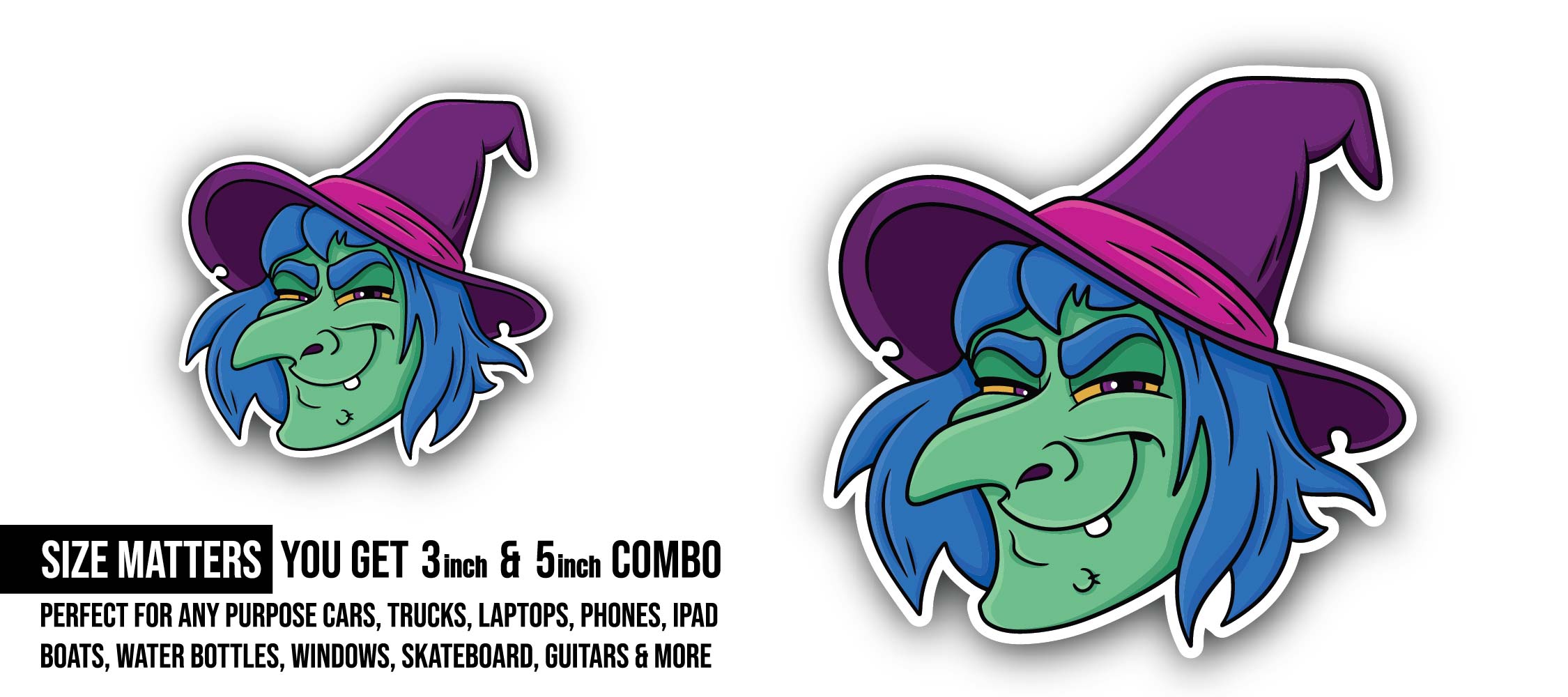 Hand Drawn Cartoon Witch Face Sticker, Waterproof Vinyl Decal Sticker Indoor Or Outdoor 2 (Pieces) 3" and 5"