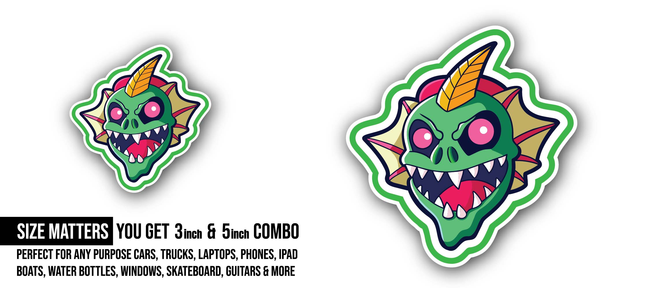 Green Monster Image Sticker, Waterproof Vinyl Decal Sticker Indoor Or Outdoor 2 (Pieces) 3" and 5"