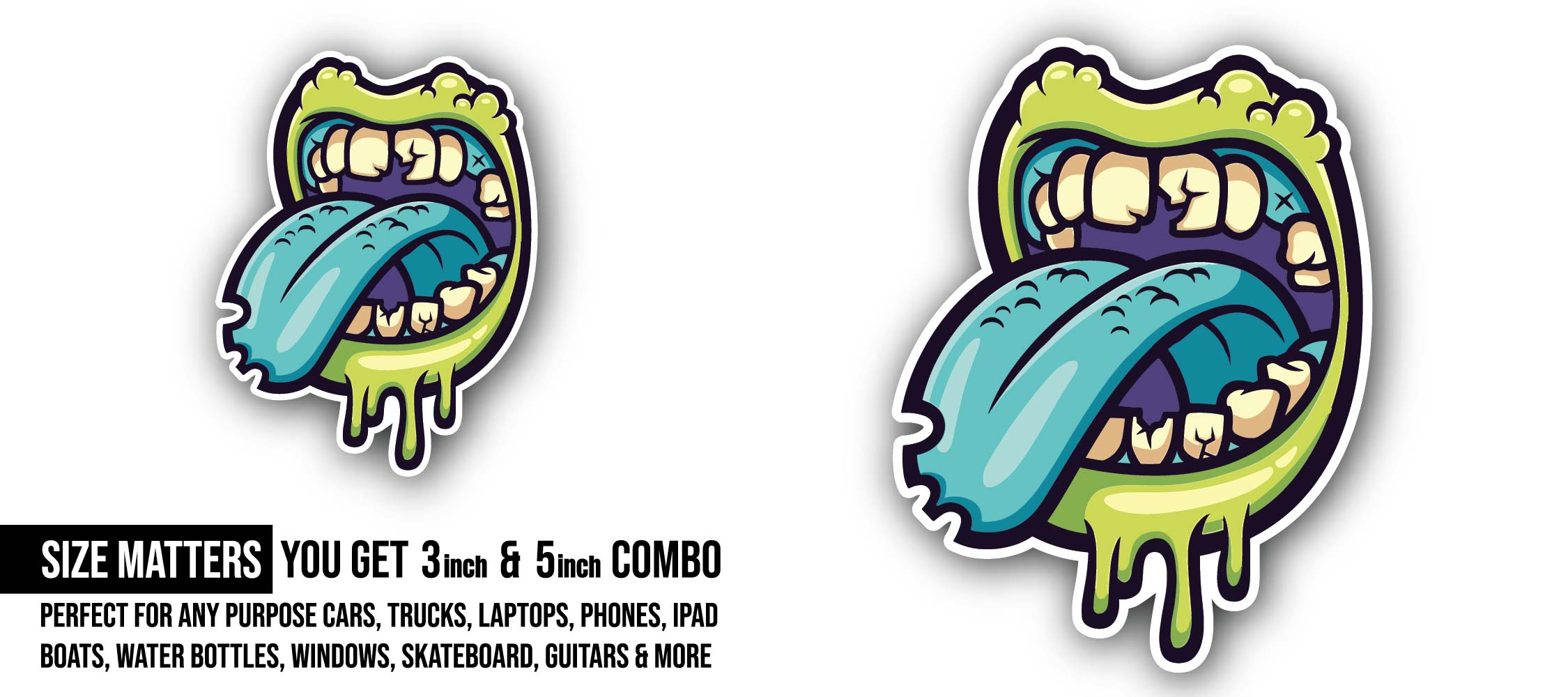 Zombie Mouth Sticker, Waterproof Vinyl Decal Sticker Indoor Or Outdoor 2 (Pieces) 3" and 5"