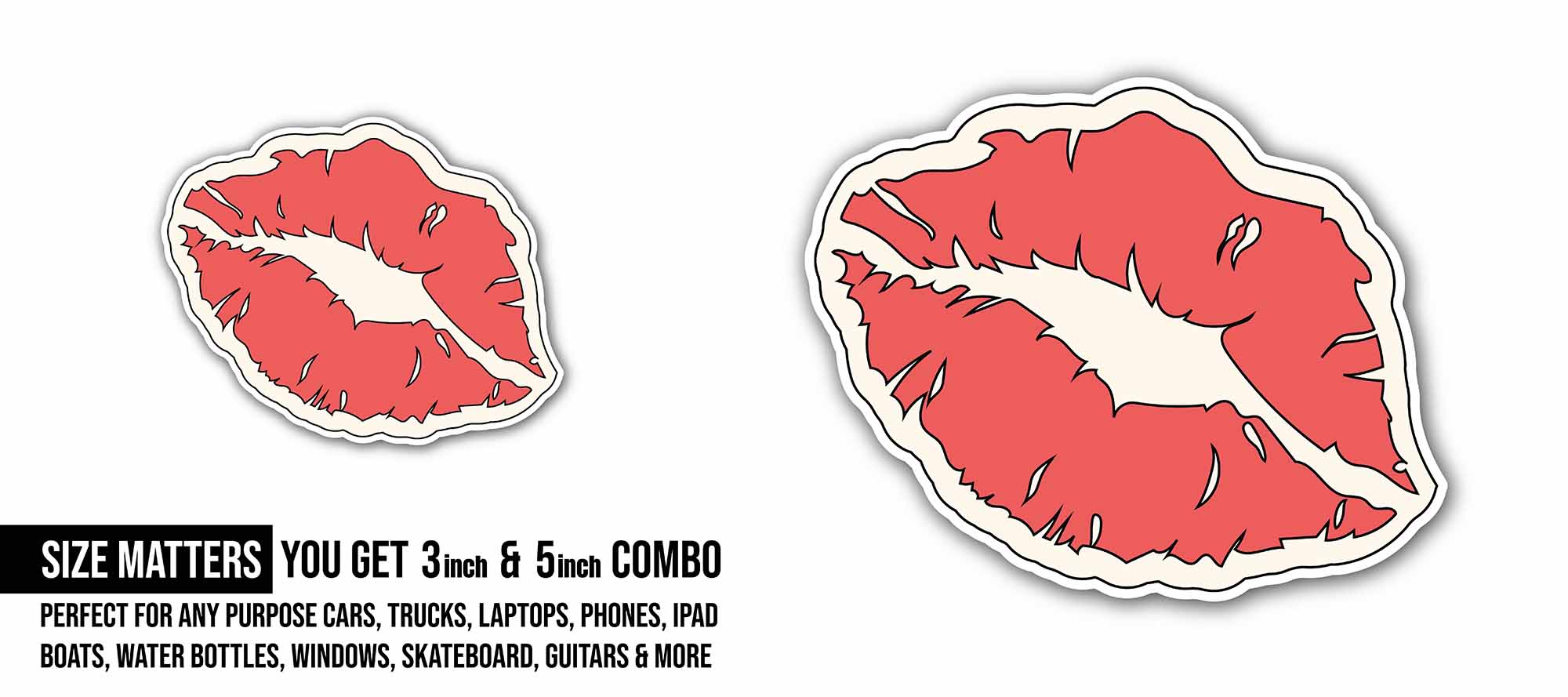 Red Lipstick Sticker, Waterproof Vinyl Decal Sticker Indoor Or Outdoor 2 (Pieces) 3" and 5"