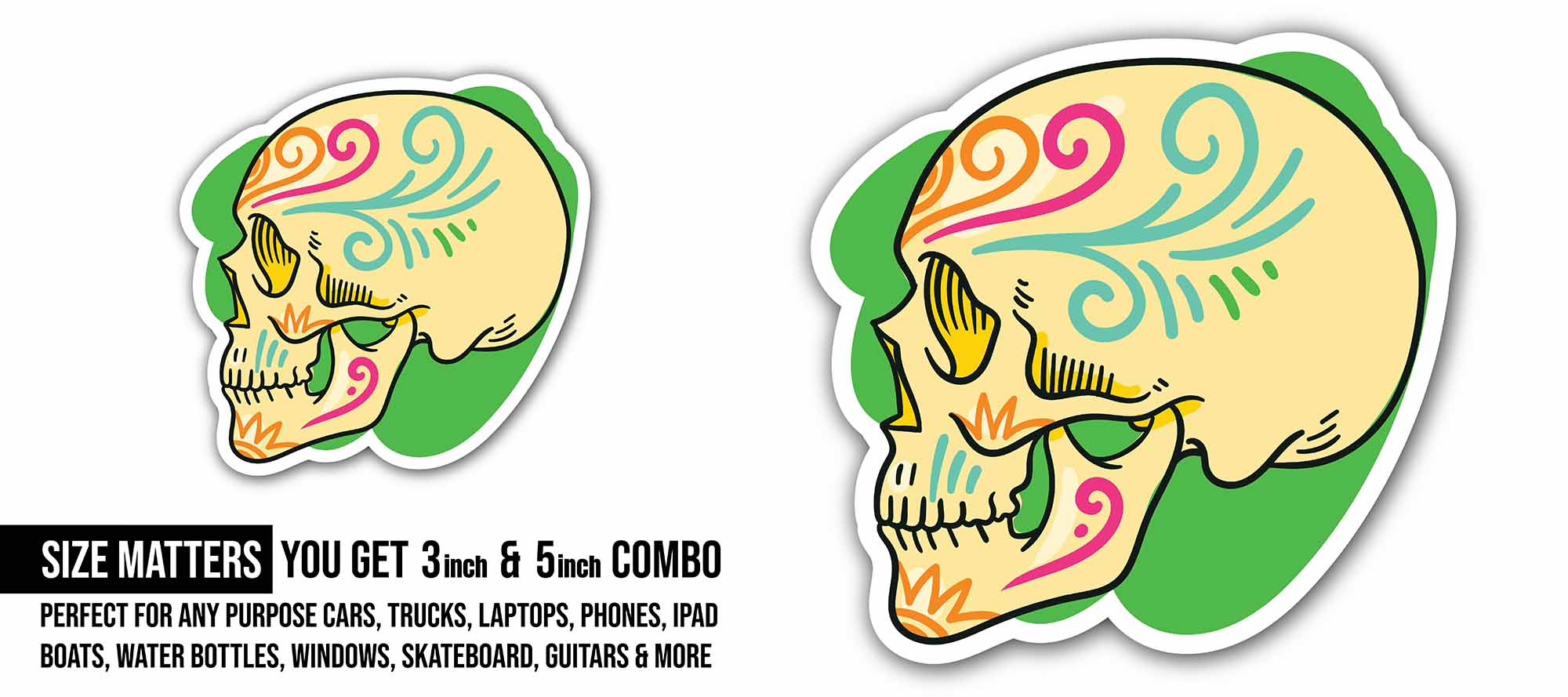 Colorful Skull Sticker, Waterproof Vinyl Decal Sticker Indoor Or Outdoor 2 (Pieces) 3" and 5"