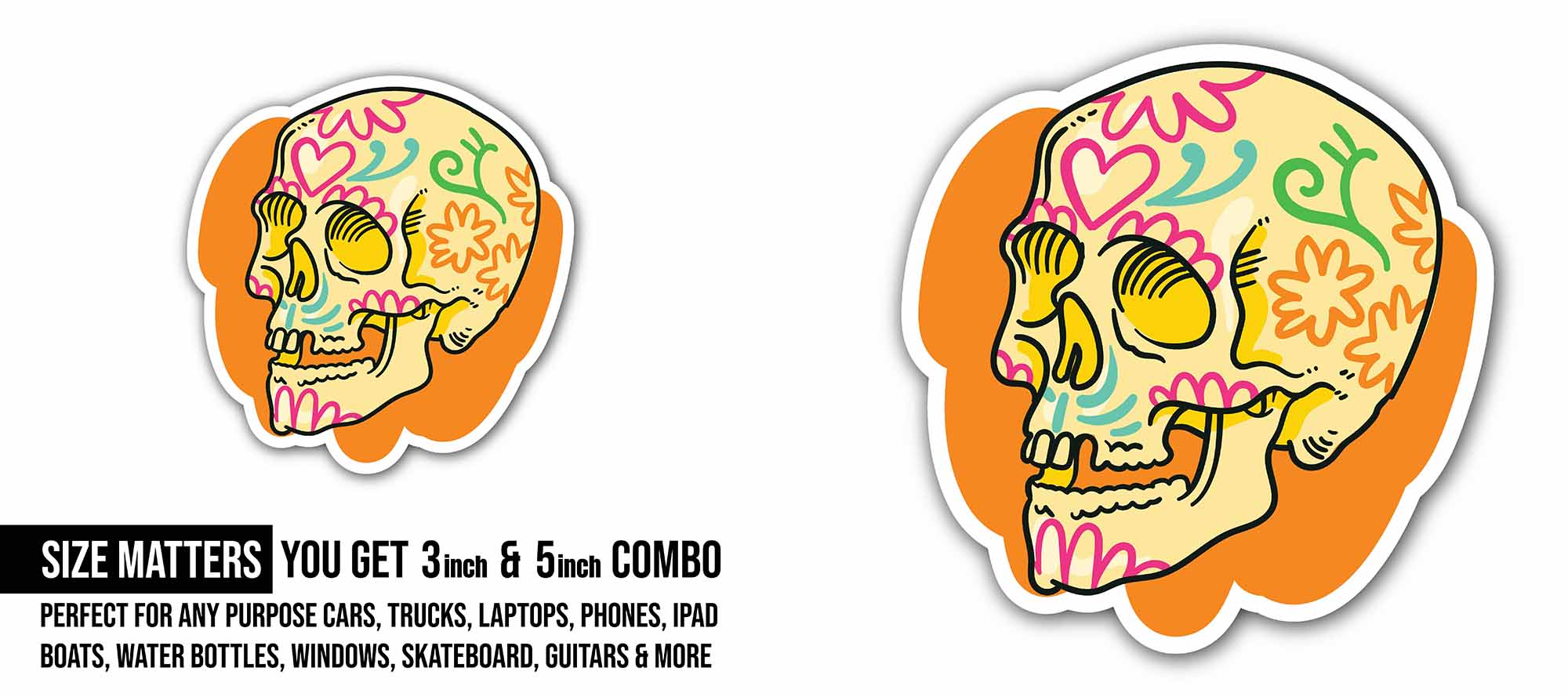 Orange Skull Sticker, Waterproof Vinyl Decal Sticker Indoor Or Outdoor 2 (Pieces) 3" and 5"