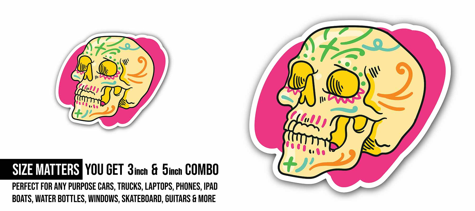 Pink Skull Sticker, Waterproof Vinyl Decal Sticker Indoor Or Outdoor 2 (Pieces) 3" and 5"