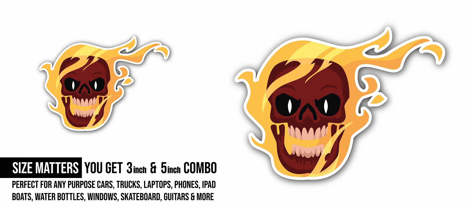 A Skull with a Flame Sticker, Waterproof Vinyl Decal Sticker Indoor Or Outdoor 2 (Pieces) 3" and 5"