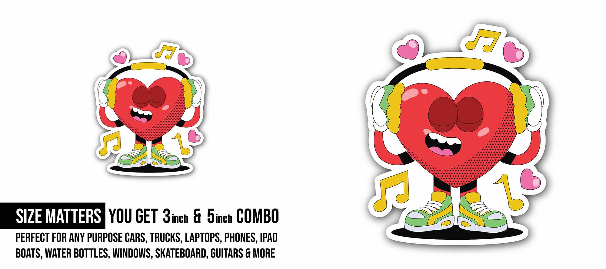 Heart Music Sticker, Waterproof Vinyl Decal Sticker Indoor Or Outdoor 2 (Pieces) 3" and 5"