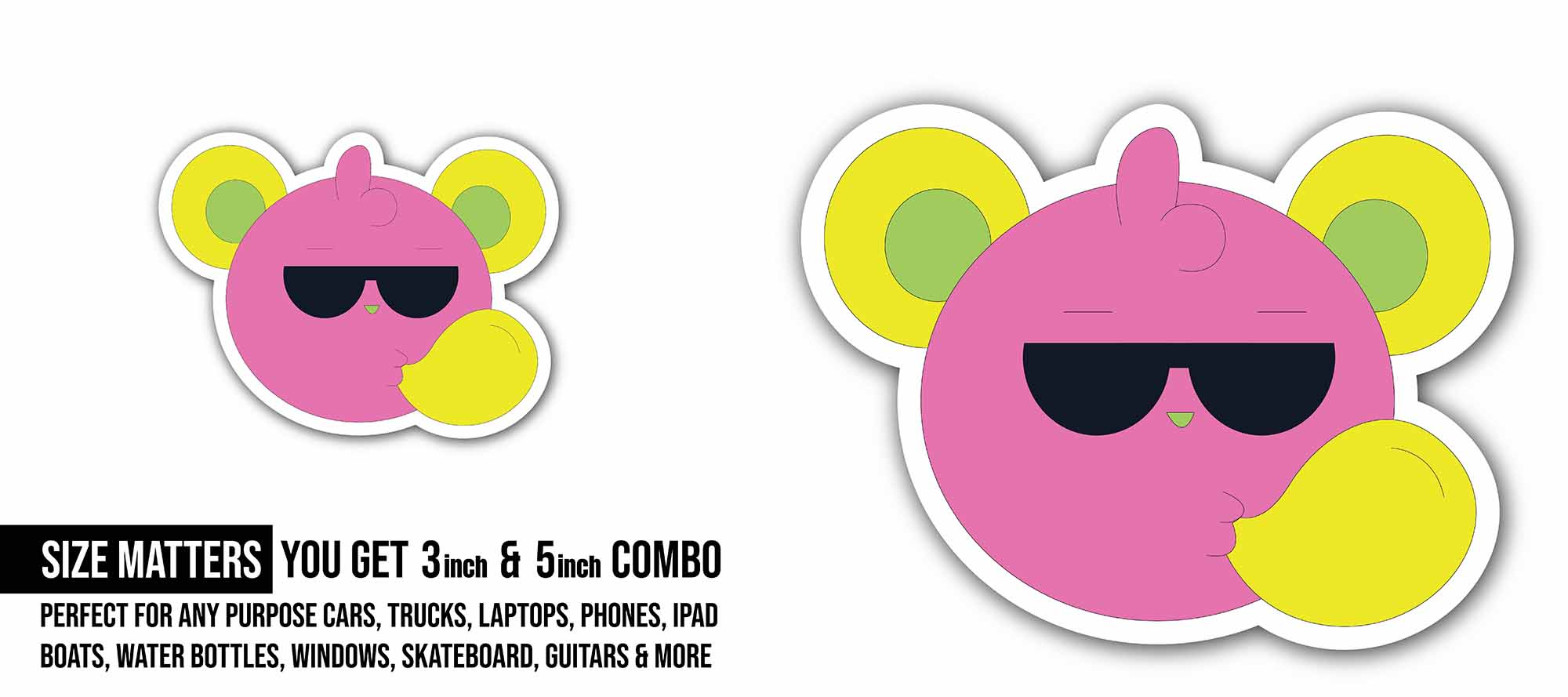 Bubble Gum Sticker, Waterproof Vinyl Decal Sticker Indoor Or Outdoor 2 (Pieces) 3" and 5"