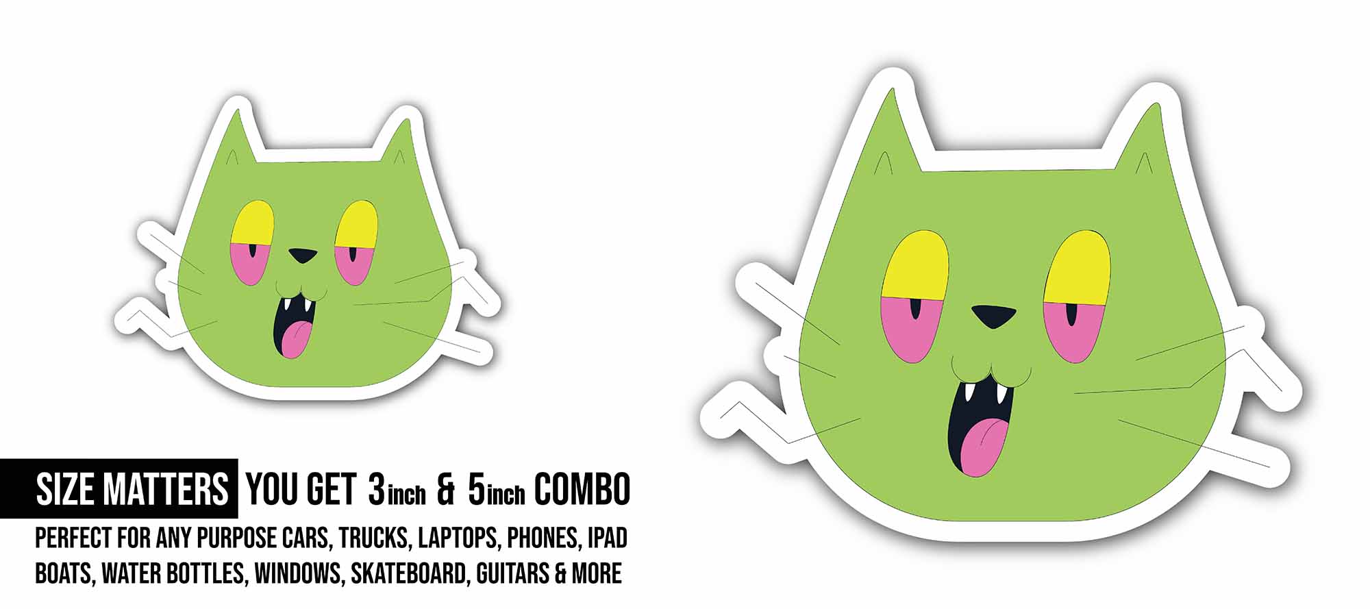 Green Cat Emoji Sticker, Waterproof Vinyl Decal Sticker Indoor Or Outdoor 2 (Pieces) 3" and 5"