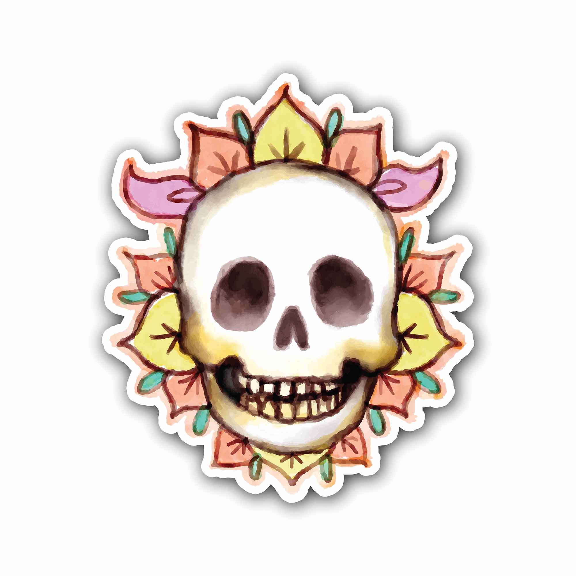 Cartoon Skull with Flower Sticker, Waterproof Vinyl Decal Sticker Indoor Or Outdoor 2 (Pieces) 3" and 5"
