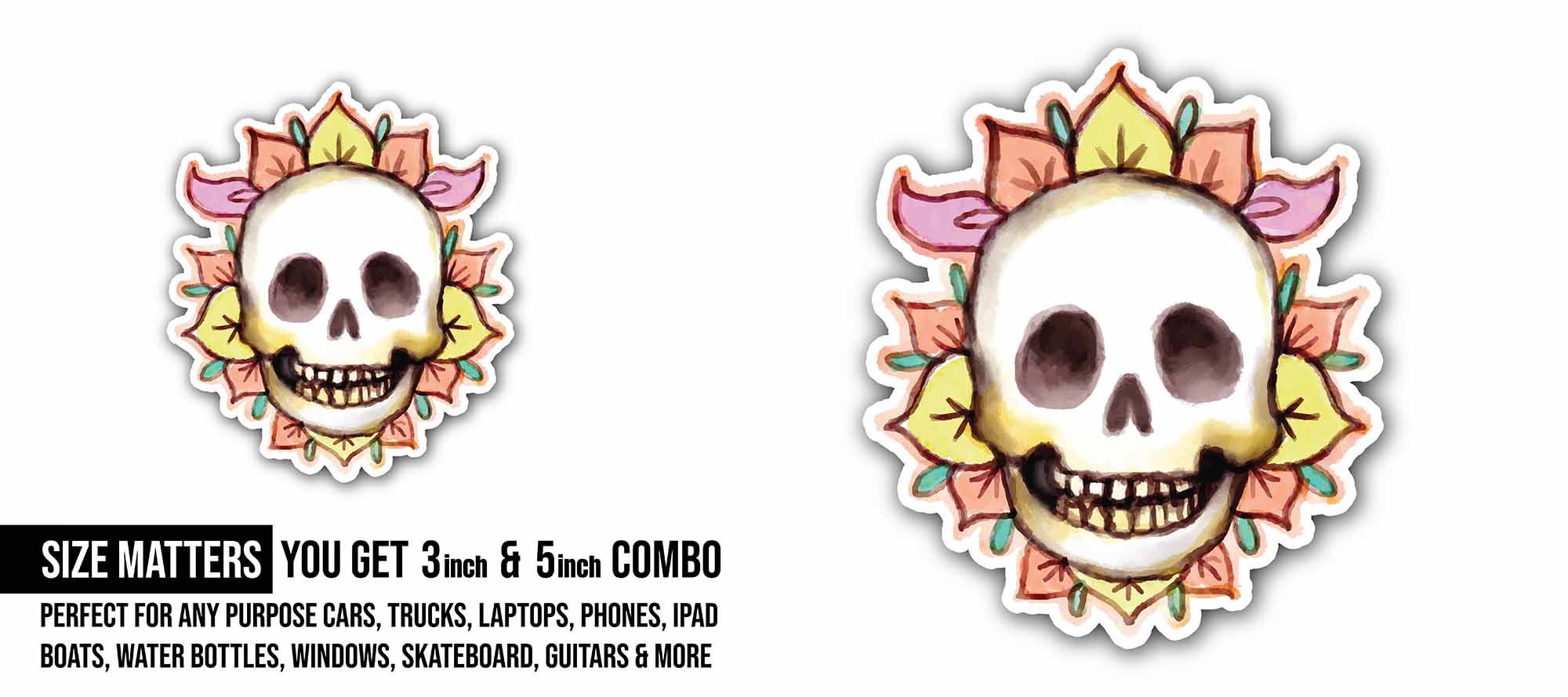 Cartoon Skull with Flower Sticker, Waterproof Vinyl Decal Sticker Indoor Or Outdoor 2 (Pieces) 3" and 5"